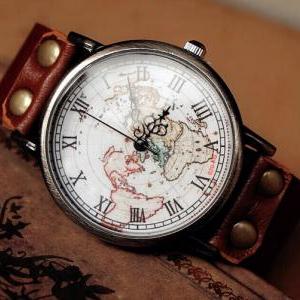 World Map Leather Watch For Women, Men